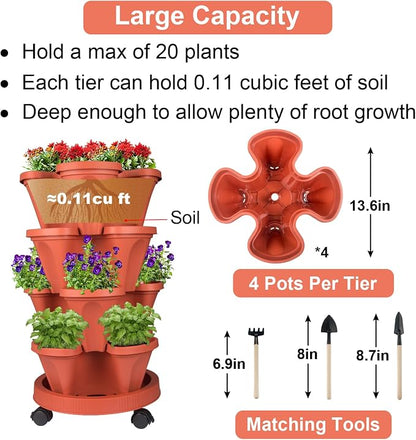 GameXcel Vertical Planter Tower - 4 Tier Stackable Garden Planters with Wheels and Tools Plant Pots for Strawberry Herb Flower and Vegetable Indoor Outdoor Use Red