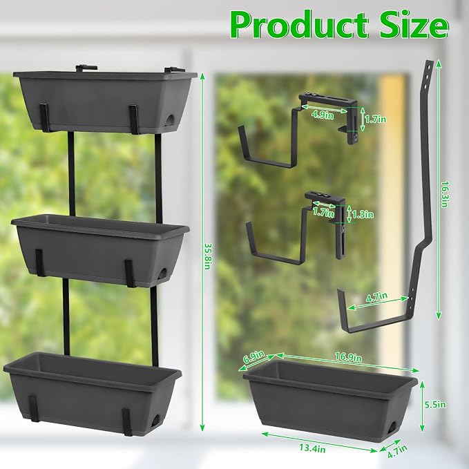 OYEAL Deck Railing Planter Boxes Set of 2 Over The Fence Planters Rail Hanging Planter Boxes with Adjustable Brackets, 6 Plastic Flower Boxes, Grey
