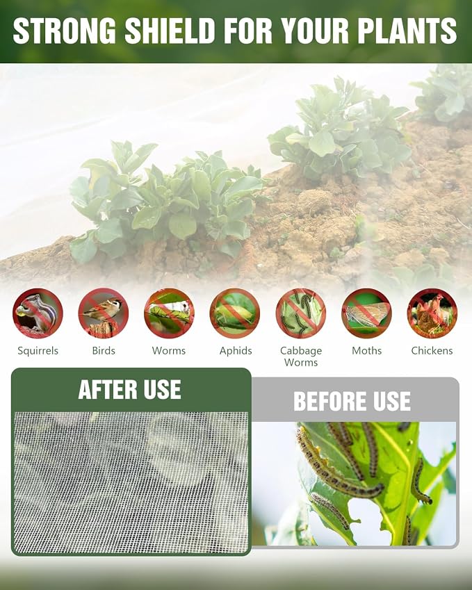 6 Sets Garden Hoops with 10x30 Ft Netting for Raised Beds, 18 Clips | 10x30 Ft Garden Net, Bird & Cicada Net for greenhouse, Vegetables, Trees, Garden crops, Plant cover, Frost guard, Shade cloth