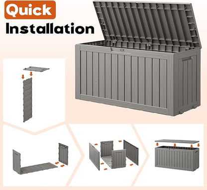 Outdoor Storage Box, Resin Deck Boxes Indoor and outdoor, Waterproof Storage Box Lockable Lid (Grey, 85 Gallon)