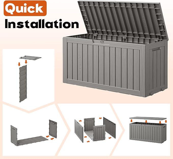 Outdoor Storage Box, Resin Deck Boxes Indoor and outdoor, Waterproof Storage Box Lockable Lid (Grey, 75 Gallon)