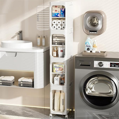 JOYZAN Narrow Bathroom Storage Cabinet with Movable Wheels, Slim Storage Cabinet with 4 Doors & Removable Panel, Skinny Bathroom Organizers and Storage for Small Space, Corner, Kitchen, Laundry