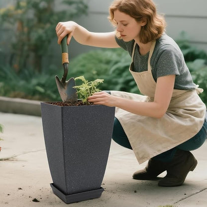 Neoaider Set of 2 Tall Planter, 21 inch Large Plastic Planter, Cement Gray | Ceramic-Look, Lightweight, Built-in Drain Hole, Saucers, Tall Outdoor Planter for Porch, Garden, Patio, Balcony