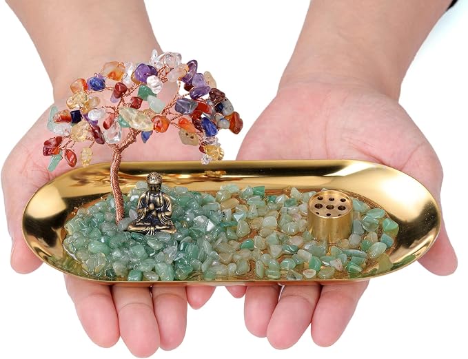 Jovivi Crystal Incense Holder for Sticks, Healing Crystal Stone Money Tree Buddha Statue Set Incense Burner, Incense Trays for Wealth, Good Luck,Yoga Meditation Home Decor