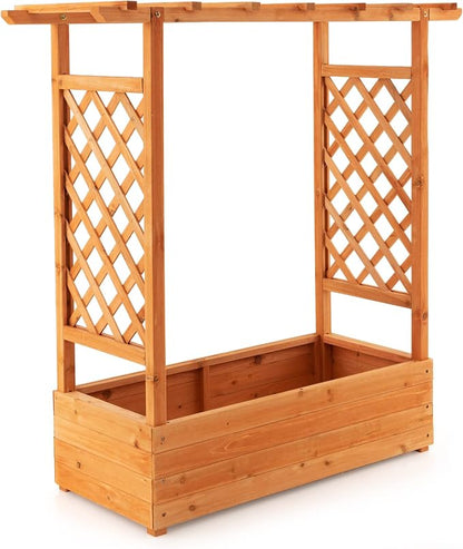 S AFSTAR Raised Garden Bed with Arch Trellis, Wood Planter Box with Hanging Roof, Side Trellis, 4 Drainage Holes, Above Ground Elevated Garden Bed for Outdoor Climbing Plants Vines Patio
