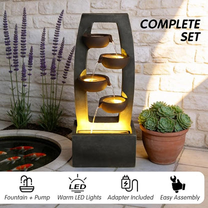 37.6" Outdoor Rock Water Fountain, Small Outdoor Fountain with Lights, 4-Tier Cascading Bowl Design Garden Water Feature, Modern freestanding Fountain for Patio Backyard Porch