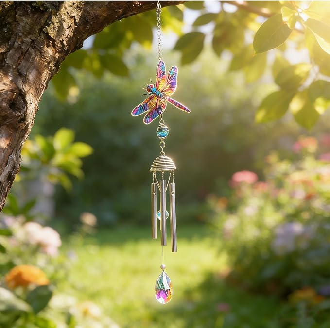 YU FENG Dragonfly Wind Chime with Crystal Suncatcher, Memorial Garden Decor | 21 Inch Colorful Metal Chime, Dragonfly Design, Lucky Remembrance Gift, Outdoor Patio Yard Hanging Ornament