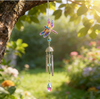 YU FENG Dragonfly Wind Chime with Crystal Suncatcher, Memorial Garden Decor | 21 Inch Colorful Metal Chime, Dragonfly Design, Lucky Remembrance Gift, Outdoor Patio Yard Hanging Ornament