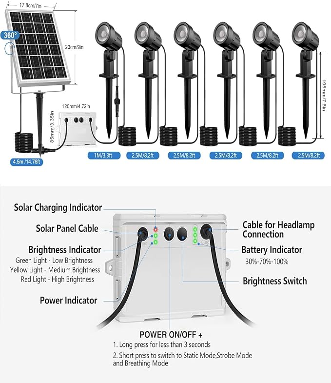 CLY 6 in 1 Solar Spot Lights Outdoor Solar Landscape Lights 2700K WarmWhite | IP66 Waterproof 59.06ft Cable Auto On/Off Garden Floodlight for Yard Lawn Tree Statue Pathway Decoration