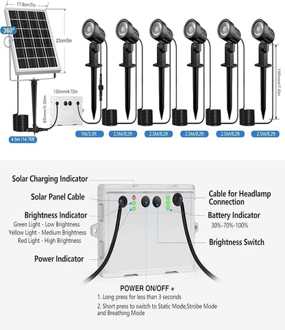 CLY 6 in 1 Solar Spot Lights Outdoor Solar Landscape Lights 2700K WarmWhite | IP66 Waterproof 59.06ft Cable Auto On/Off Garden Floodlight for Yard Lawn Tree Statue Pathway Decoration