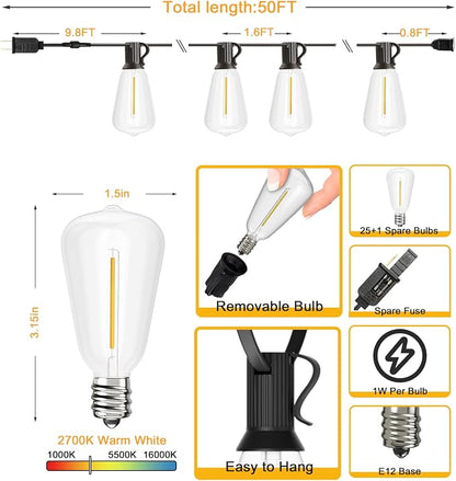 Svater 50 FT Outdoor String Lights, Patio Light with 26 ST38 Edison Bulbs | Outside Waterproof Hanging Lighting, Shatterproof, Connectable for Bistro Cafe Market Backyard Porch,Warm White, Dimmable