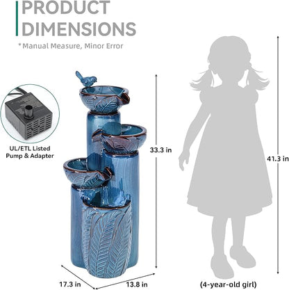 33" H Ceramic Outdoor Water Fountain with LED Lights, 4-Tier Bowl Water Feature with Birds, Teal Blue Glaze, Embossed Leaf Pattern, Cascading Waterfall for Tranquil Garden, Patio, or Porch
