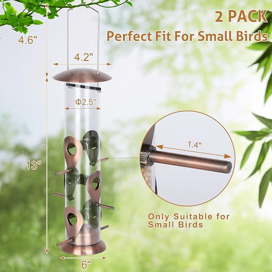 FEED GARDEN Metal Bird Feeder - 6 Port Tube Feeder for Outdoors, Heavy Duty Squirrel Proof with Metal Lid, Easy Fill & Clean, Weather Resistant Copper Finish, 13 Inch