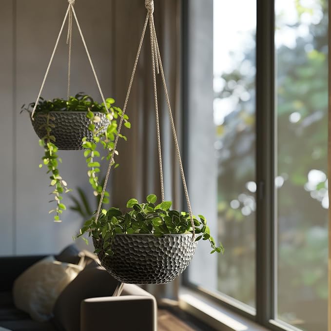 LA JOLIE MUSE Hanging Planters for Indoor Plants, Medium Hanging Planters with Drain Holes, Outdoor Hanging Flower Pots, Matte Black, Honeycomb (10 Inch, Set of 2)