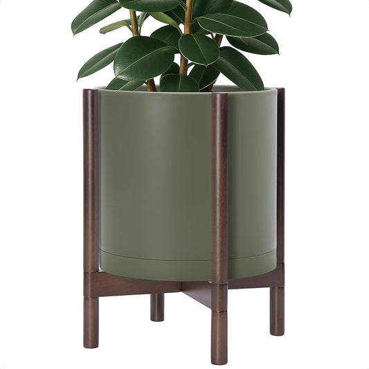 D'vine Dev Plastic Pot with Walnut Wood Stand, Olive, 14 in, 55-C-R-4 | Mid-Century Inspired Design, Elevated Plant Display, Clean Lines, Sturdy Support, Modern Space-Saving Style