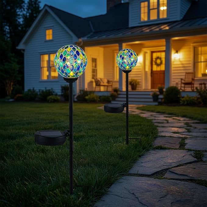 VCUTEKA Solar Lights Outdoor Decorative - Waterproof Mosaic Solar Garden Light, LED Pathway Stake for Landscape Lawn Patio Yard, Solar Globe Lights Outdoor, 1 Pack Green Yellow