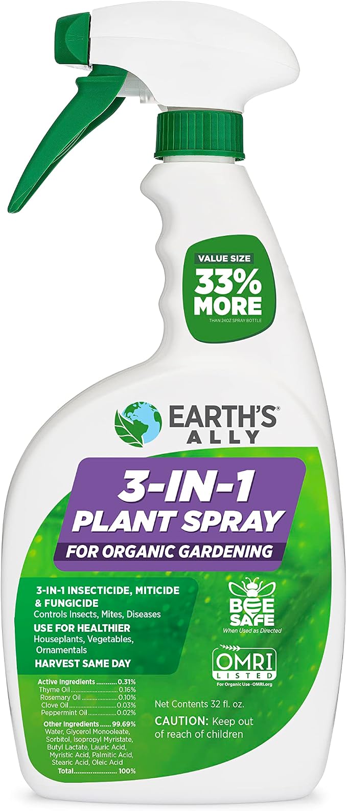 Earth's Ally 3-in-1 Plant Spray - Insect Repellent & Pest Control for Indoor Outdoor Organic Gardening - 32 Oz Ready-to-Use