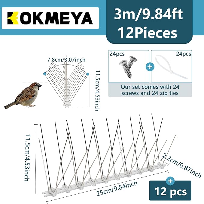 Bird Spikes 9.84FT, 304 Stainless Steel Pigeon Spikes with Plastic Base for Gardens Outdoor, Keep Seagull Pigeon Away Birds Scarer Devices 12PACK