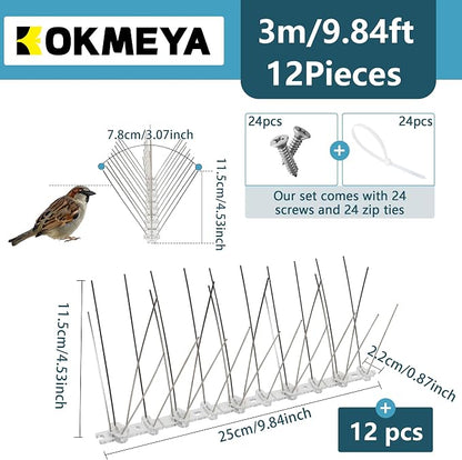 Bird Spikes 9.84FT, 304 Stainless Steel Pigeon Spikes with Plastic Base for Gardens Outdoor, Keep Seagull Pigeon Away Birds Scarer Devices 12PACK