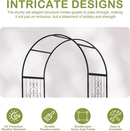 Outvita 7FT Garden Arch Arbor with Entry Door and Plant Frame, Heavy Duty Metal Arbour Archway, Decorative Frame Stand Trellis with Ground Stakes for Wedding Ceremony Party Plant Patio Black