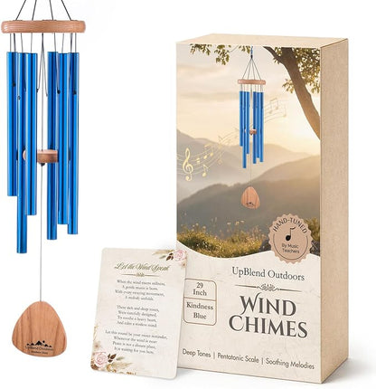 Blue Wind Chimes for Outside Deep Tone, 29 Inch Hand Tuned B Major Pentatonic Soprano Wind Chime with Decorative Kindness Stone, Outdoor Garden Patio Porch Decor, Meaningful Sympathy Memorial Gift