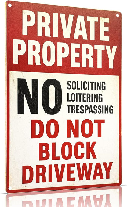 Private Property Tin Sign, 12 x 8 Inch No Soliciting Aluminum Metal Wall Decor, Vintage No Trespassing Notice for Porch, Gate, Fence, Entryway
