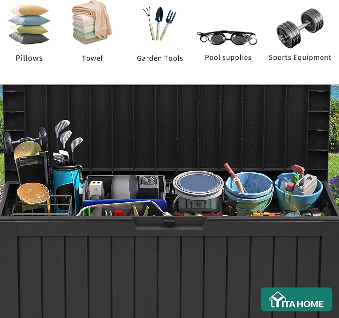 YITAHOME 72 Gallon Outdoor Storage Box w/Wheels | Resin Deck Box Indoor & Outdoor Patio Storage Box for Throw Pillows, Athletic Gear(Black)