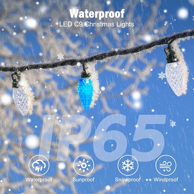 Brightown C9 Christmas Lights Outdoor 2 Pack, Total 162ft 200LED Blue&White | with Timing & Memory, 8 Modes, Connectable, Waterproof - C9 Christmas Lights for Indoor Outside Tree Home Yard Decoration