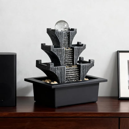 Tabletop Waterfalls Mountain with Pagoda Stepped & Spining Orb, Indoor Soothing Zen Fountain s for Home Office Relaxation