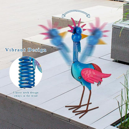 Metal Wacky Rooster Garden Statue for, Patio, Backyard, Lawn | 18'' Rooster Decor, Yard Statue Decorations Outdoor, Chicken Yard Art, Blue & Pink