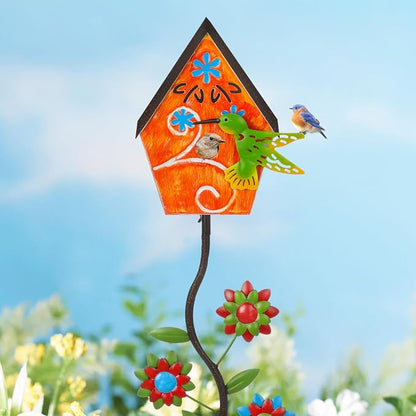 51” Metal Bird Houses Stake for Outside Hummingbird Design | Metal Wild Birdhouse, 5 Pronged Garden Stake Pole, Outdoor Decorations for Patio, Backyard, Garden