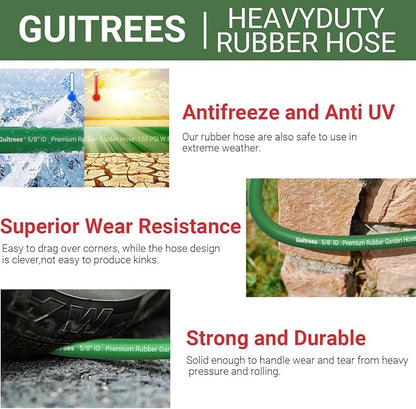 Guitrees 75FT 5/8 Heavy Duty Rubber Garden Hose - 300psi Working, 1000psi Burst - Hot/Cold Water - Five-Layered Braiding for Durability - Versatile for Gardening, Agriculture, Construction(Green)