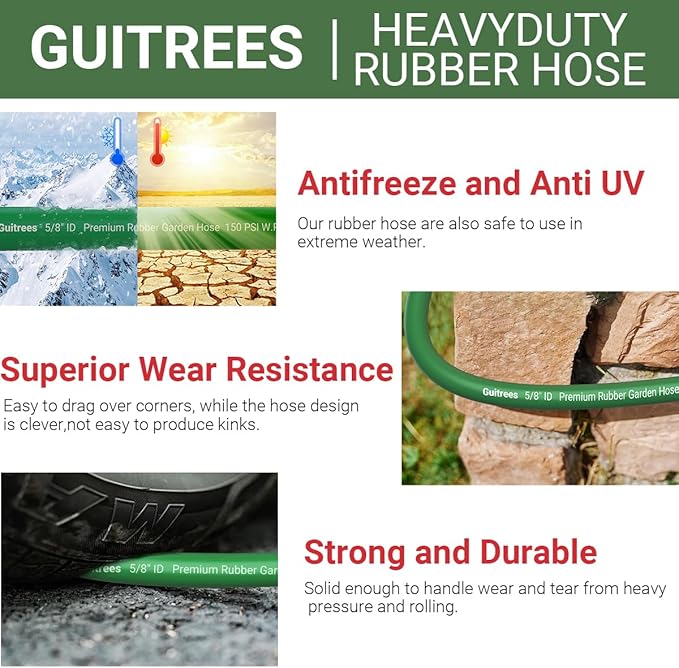 Guitrees 25FT 5/8 Heavy Duty Rubber Garden Hose - 300psi Working, 1000psi Burst - Hot/Cold Water - Five-Layered Braiding for Durability - Versatile for Gardening, Agriculture, Construction(Green)