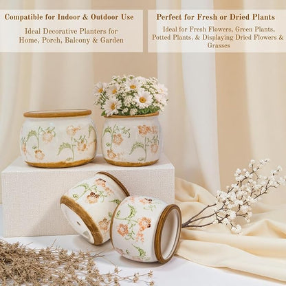 Vintage Ceramic Flower Pots - Indoor Outdoor Planters with Drainage Holes & Filter Screen, 6.5’’& 9’’ Rustic Farmhouse Decorative Plant Pots for Garden/Patio