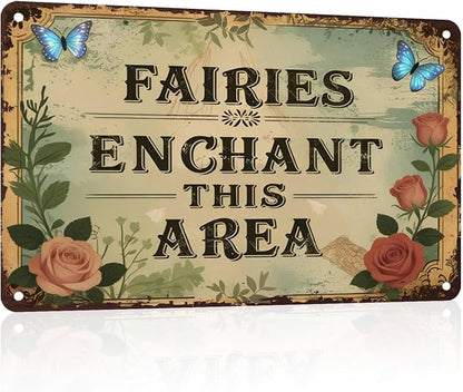 PEACHGARDEN Funny Garden Signs Vintage Metal Tin Sign Enchanted Fairy Wall Art Decor for Garden Patio Yard Plant Room Greenhouse She Shed 12x16 inch