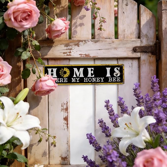 Garden Metal Tin Sign Bee Decor, Vintage Farmhouse Wall Art, Home Is Where My Honey Bee Sign, for Yard Fence Porch, Rustic Outdoor Garden Decoration, Ideal for Honey Lovers, 15.7 x 3.9 Inches