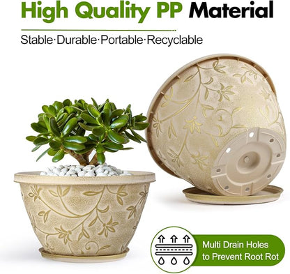 Nooulap 8 Inch Plant Pot, Beige Flower pots, 4 Pack | Indoor Outdoor Planters, Drainage Hole & Trays, Home Garden Beatuy Decor,Plastic Ligehtwight Small Pots