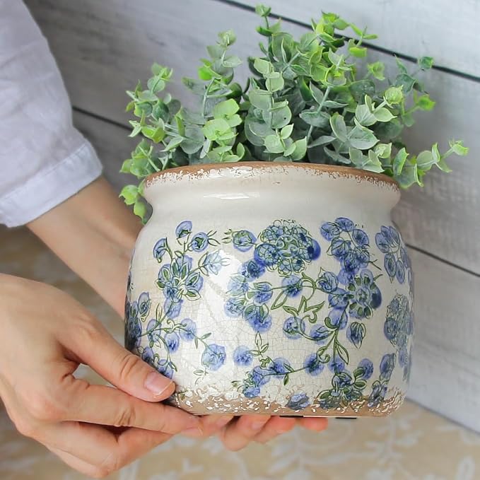 Ceramic Planters Spring Decor, 6.3in Country Cottage Plant Pots with Drainage Hole for Indoor Plants & Succulent, Vintage Crackle Glaze Finish Flower Vase, Home Decor Gifts, Deep Blue Floral