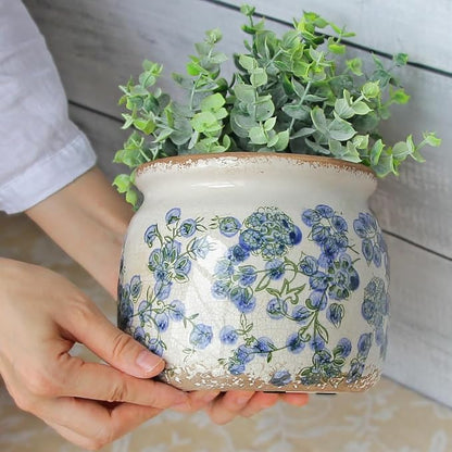 Ceramic Planters Spring Decor, 6.3in Country Cottage Plant Pots with Drainage Hole for Indoor Plants & Succulent, Vintage Crackle Glaze Finish Flower Vase, Home Decor Gifts, Deep Blue Floral