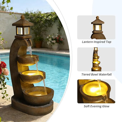 35.4" Outdoor Water Fountain, 3 Tier Bowl Cascading Freestanding Water Fountain, Outdoor Fountain with LED Lights, Lantern Style Garden Water Feature, Suitable for Patio Yard Porch, Brown