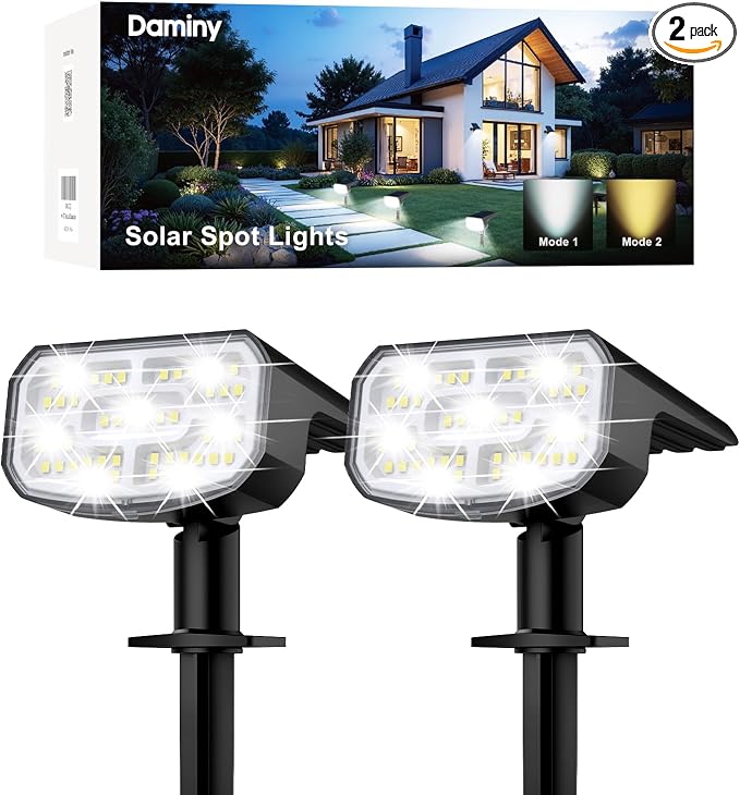 DAMINY Solar Spotlights Outdoor Waterproof IP65,2 CCT(Warm White & Cool White),4 Lighting Modes Solar spot Lights for Yard,Garden,Pathway,Landscape,Auto On/Off-2 Pack