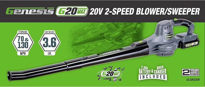 Genesis Cordless Leaf Blower 20V G20MAX Sweeper with Battery and Charger (GLGBS20B)