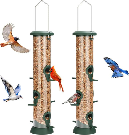 FEED GARDEN 2 Pack Tube Bird Feeders for Outdoors Hanging - Premium Hard Plastic Wild Bird Feeder with 6 Ports, Easy Refill & Clean, 15 Inch, Green