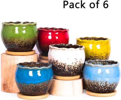 ARTKETTY Succulent Pots - 4 Inch Ceramic Succulent Planters with Drainage Tray Set of 6, Small Cactus Pots for Indoor Plants Colorful Flower Plant Pots for Desk Windowsill