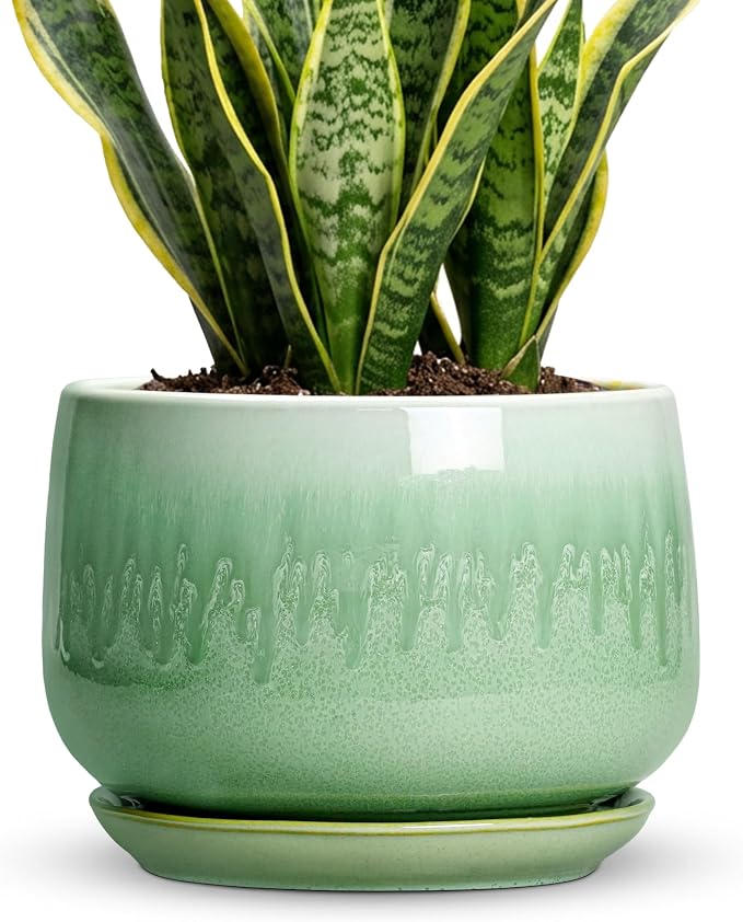 9 Inch Plant Pot - Ceramic Planter with Drainage Hole and Saucer, Decorative Ceramic Pots for Indoor Plants, Round Durable Flower Pot, Office House Patio Decor, Gifts for Plant Lovers, Green