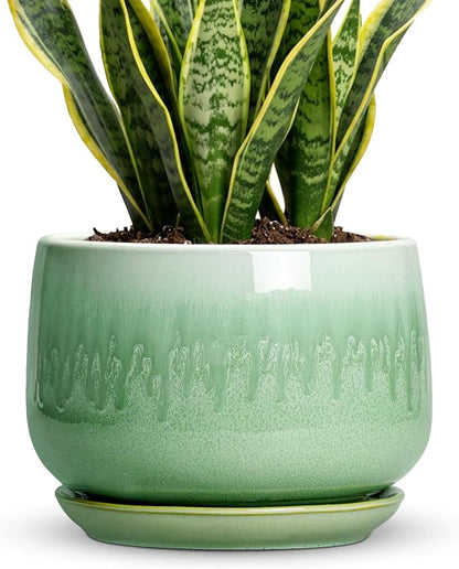 9 Inch Plant Pot - Ceramic Planter with Drainage Hole and Saucer, Decorative Ceramic Pots for Indoor Plants, Round Durable Flower Pot, Office House Patio Decor, Gifts for Plant Lovers, Green