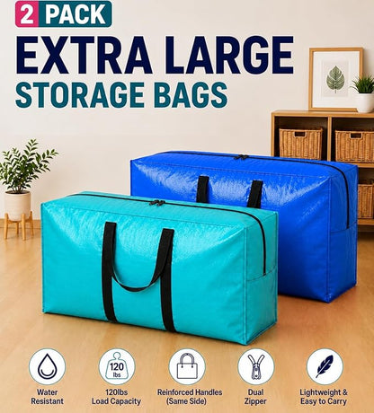 Extra Large Storage Bags, Jumbo Moving Tent Storage Bags, Foldable Big Turquoise XXL Duffle Bag for Travel,Christmas Tree Bag, 42x23x13.5inch - 2PACK