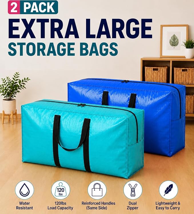 Extra Large Storage Bags, Jumbo Moving Tent Storage Bags, Foldable Big Blue XXL Duffle Bag for Travel,Christmas Tree Bag, 42x23x13.5inch - 2PACK
