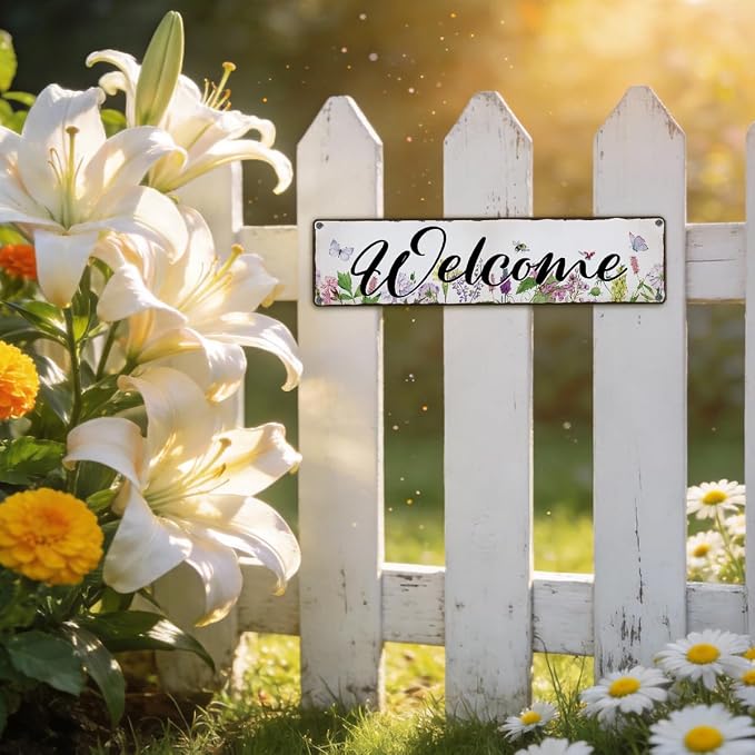 Garden Metal Tin Sign, Floral Watercolor Welcome Sign, Vintage Farmhouse Outdoor Wall Decor, for Porch Patio Fence Door Garden Entryway, Gift for Gardening Lover, 15.7 x 3.9 Inches