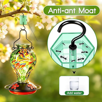 Hand Blown Glass Hummingbird Feeders for Outdoors Hanging, 24oz Wild Bird Nectar Feeder with Ant Moat and Perch, Bee-Resistant Ports, Garden Decor, Gifts for Women Mom, 1 Pack, Green Phoenix